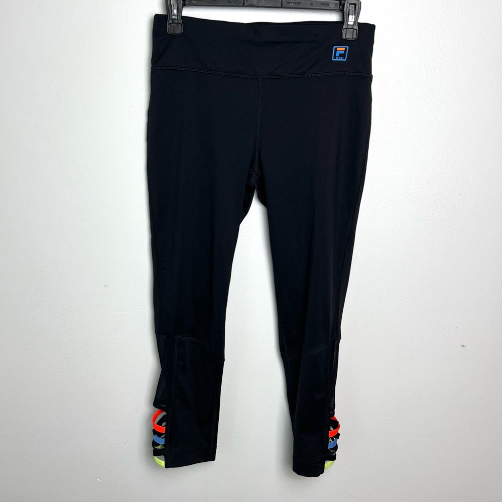 Black FILA Cropped Capri‎ Style Leggings with Rainbow cutouts Retro